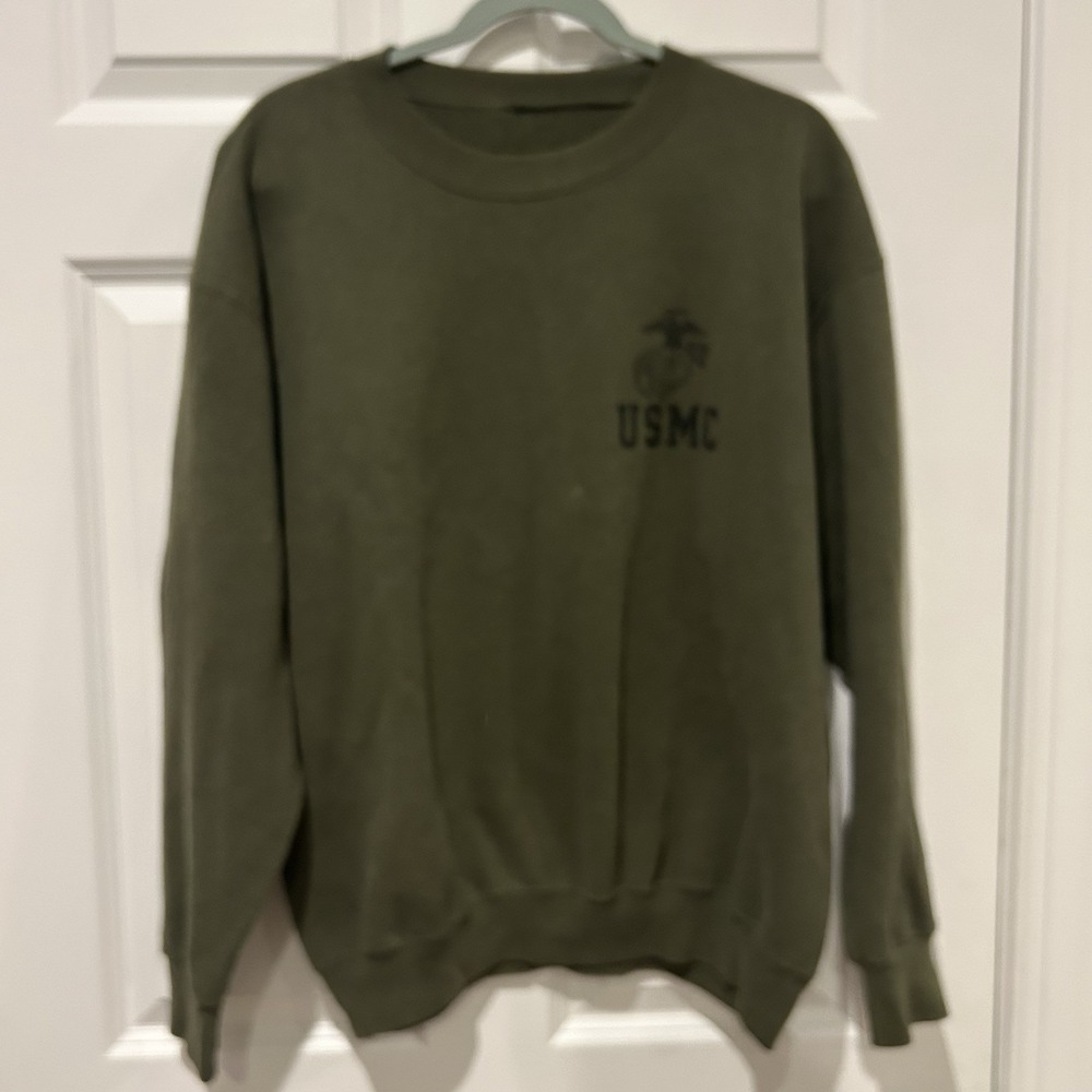 Vtg USMC PT Sweatshirt Adult L Olive Drab Green Marine Corps Crewneck 24x25